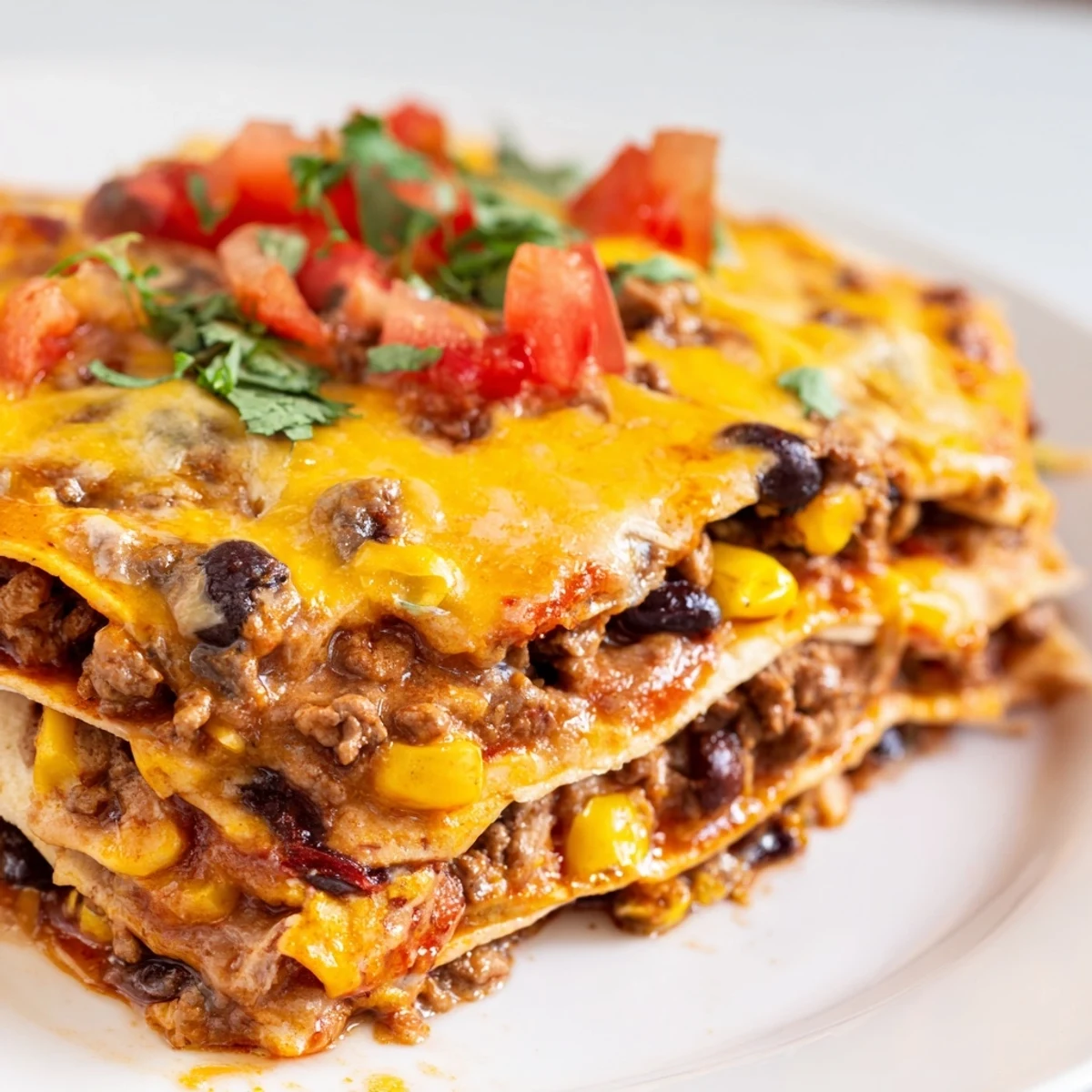 Golden cheesy Baked Beef Enchilada Casserole topped with fresh cilantro and cool sour cream garnish