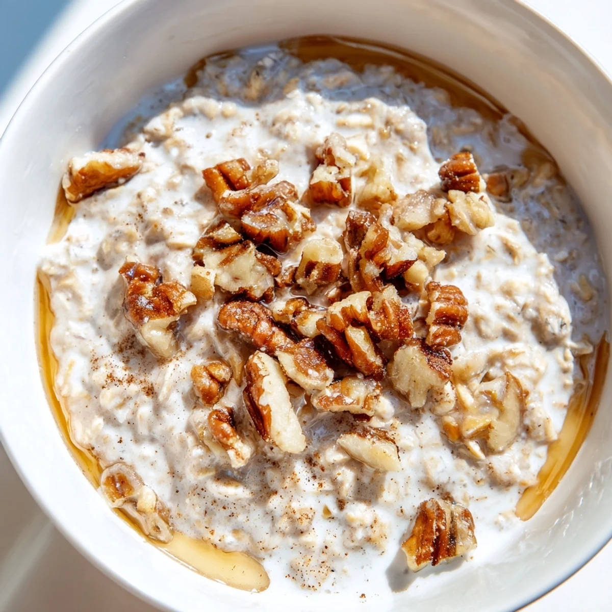 Creamy maple cinnamon pecan overnight oats served in a mason jar with chopped nuts