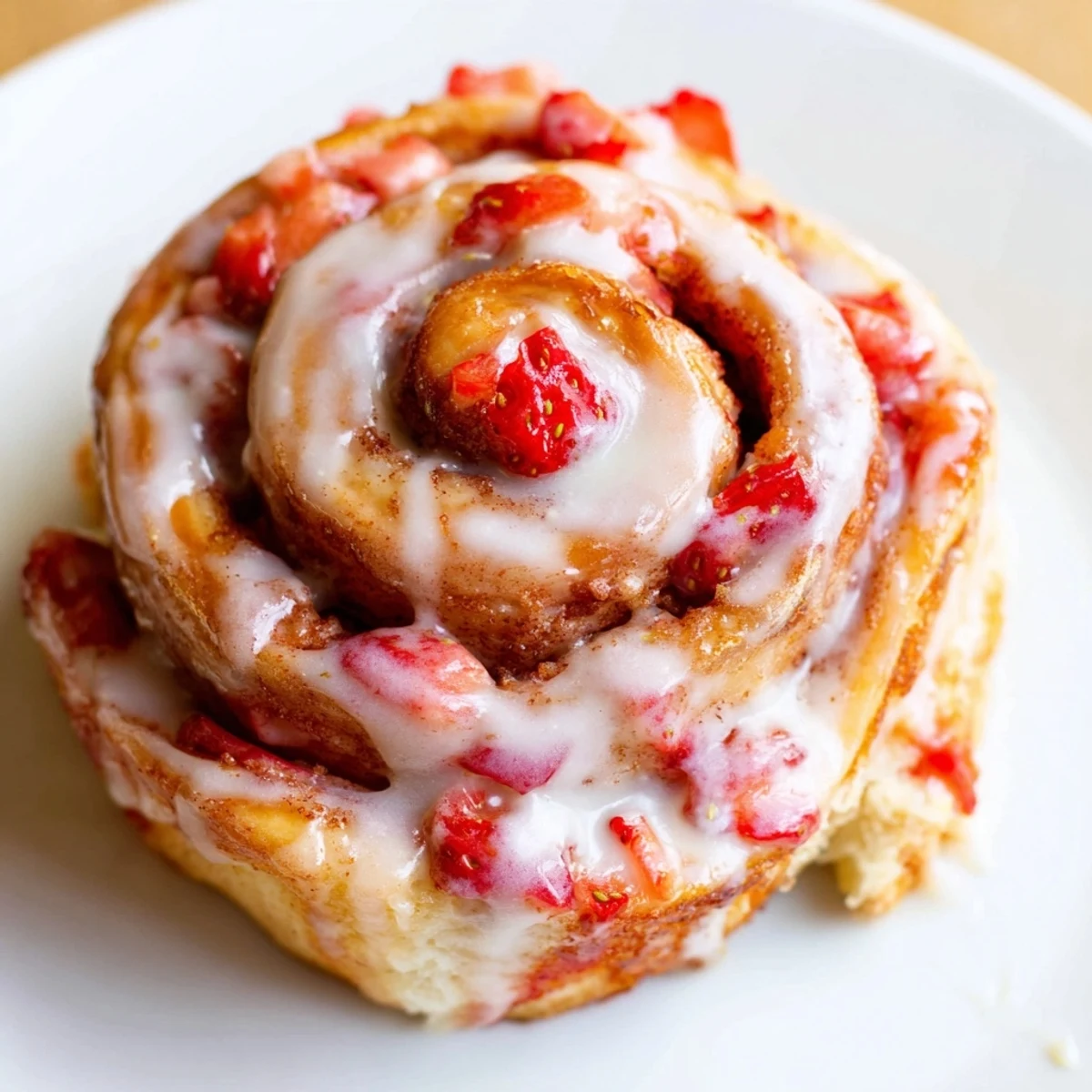 Golden strawberry cinnamon rolls dripping with cream cheese glaze on a rustic ceramic plate
