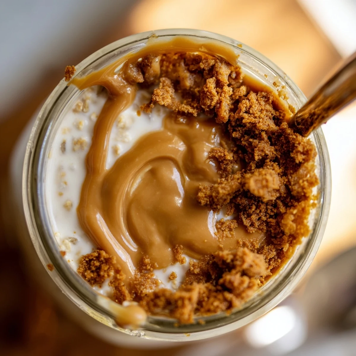 Biscoff overnight oats served in mason jar with cookie crumbles and glossy spread swirl