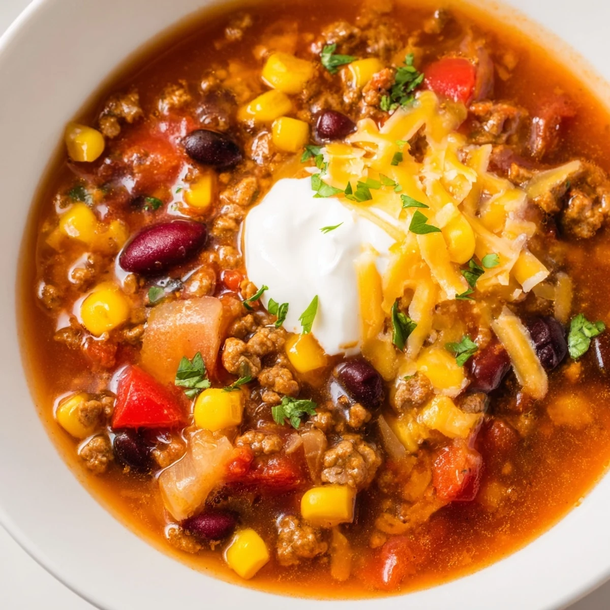Steaming bowl of Crockpot Ground Beef Taco Soup topped with shredded cheese and cilantro
