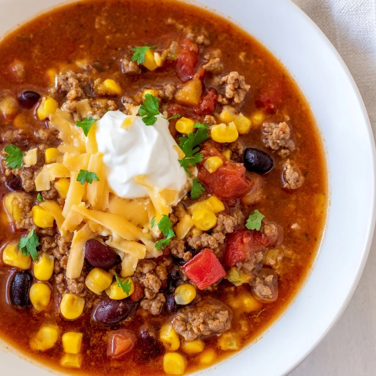 Hearty Crockpot Ground Beef Taco Soup loaded with beans corn and tender beef