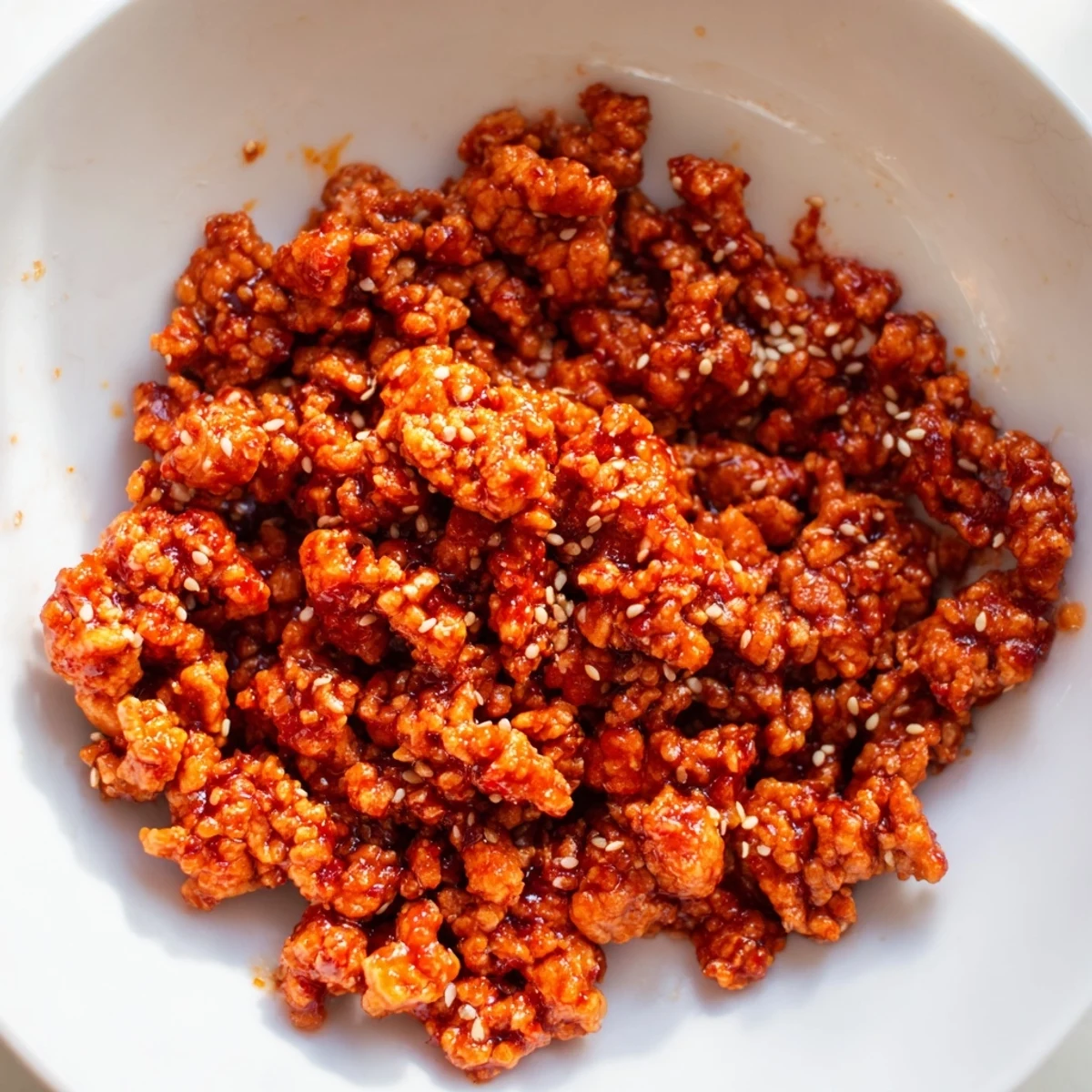 Firecracker Ground Chicken Bowls topped with crisp vegetables and sesame seeds on white rice