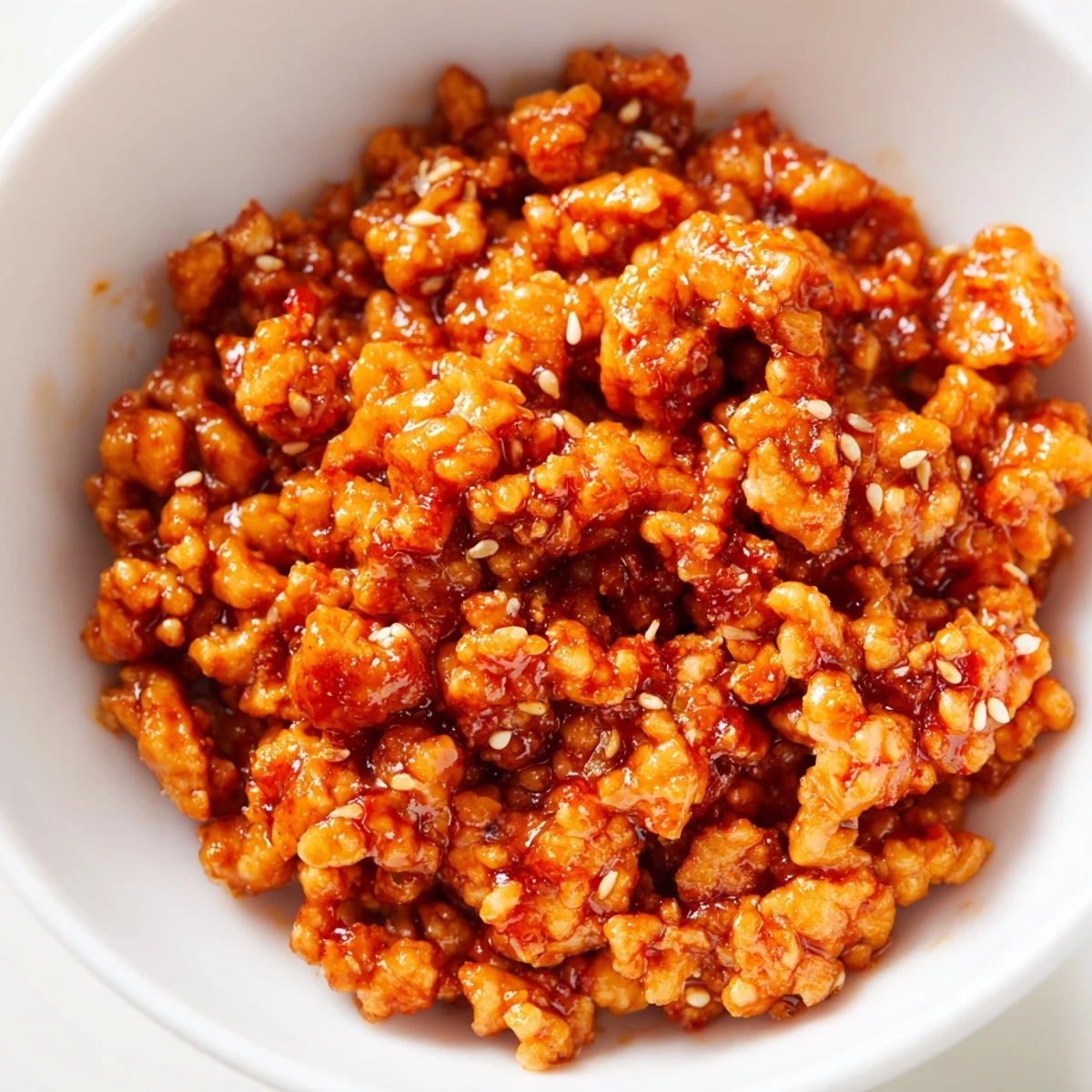 Spicy firecracker ground chicken bowls drizzled with tangy sauce over fluffy jasmine rice