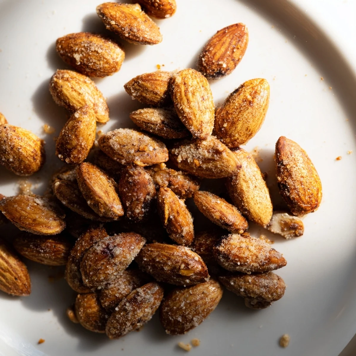 Golden roasted almonds sprinkled with sea salt in a rustic ceramic bowl