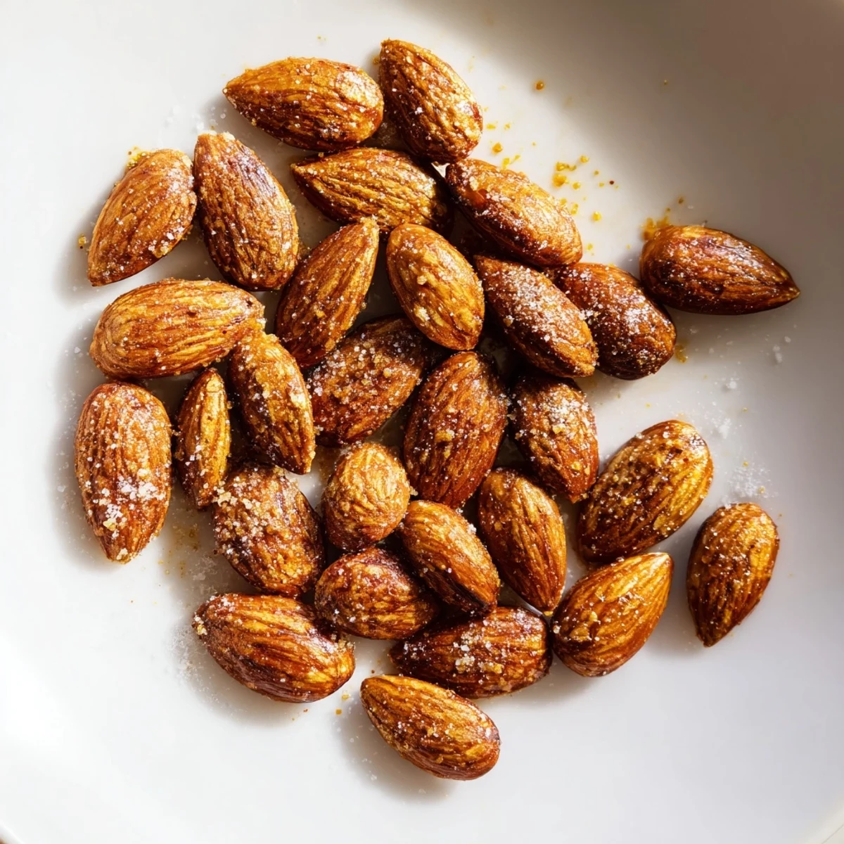 Crunchy roasted almonds arranged on parchment paper fresh from the oven