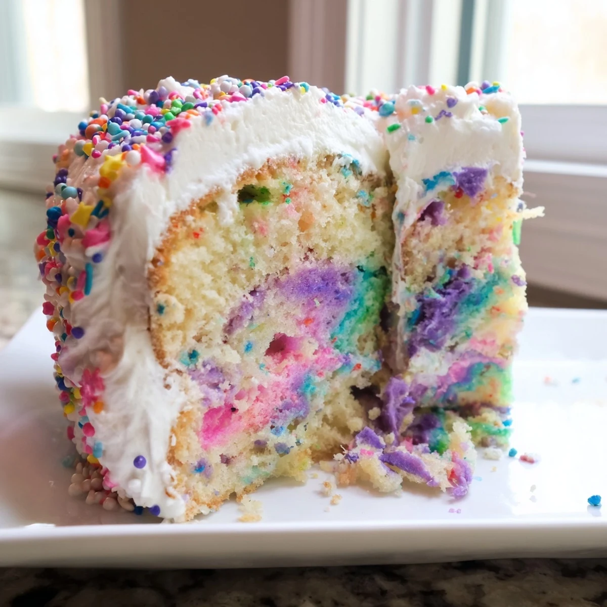 Colorful unicorn poke cake slice revealing rainbow pudding swirls under fluffy whipped topping