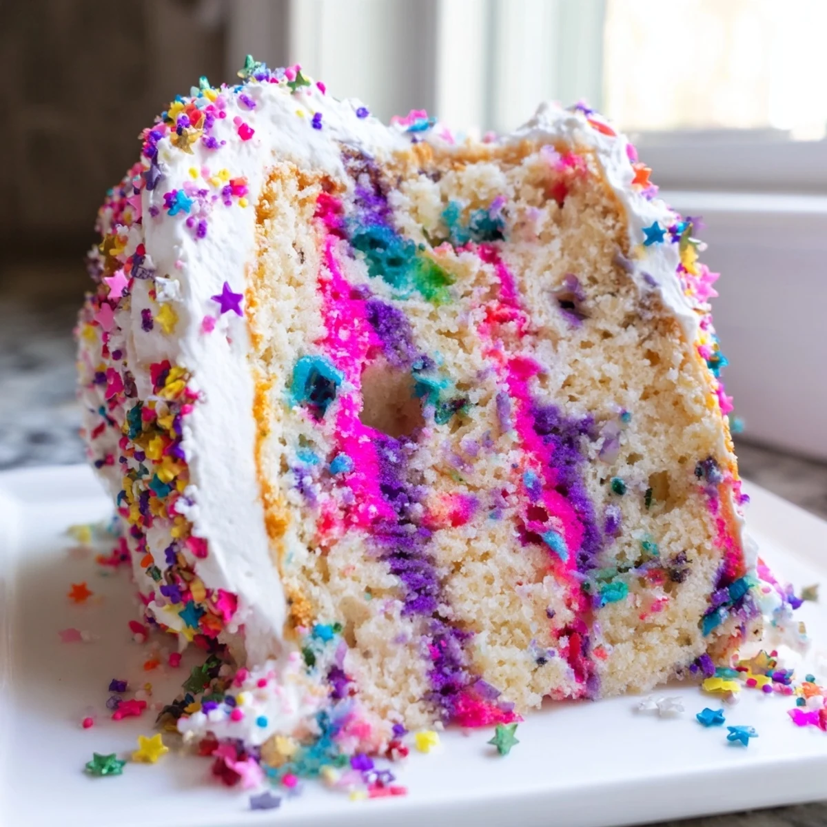 Vibrant unicorn poke cake topped with sprinkles served on a party dessert plate