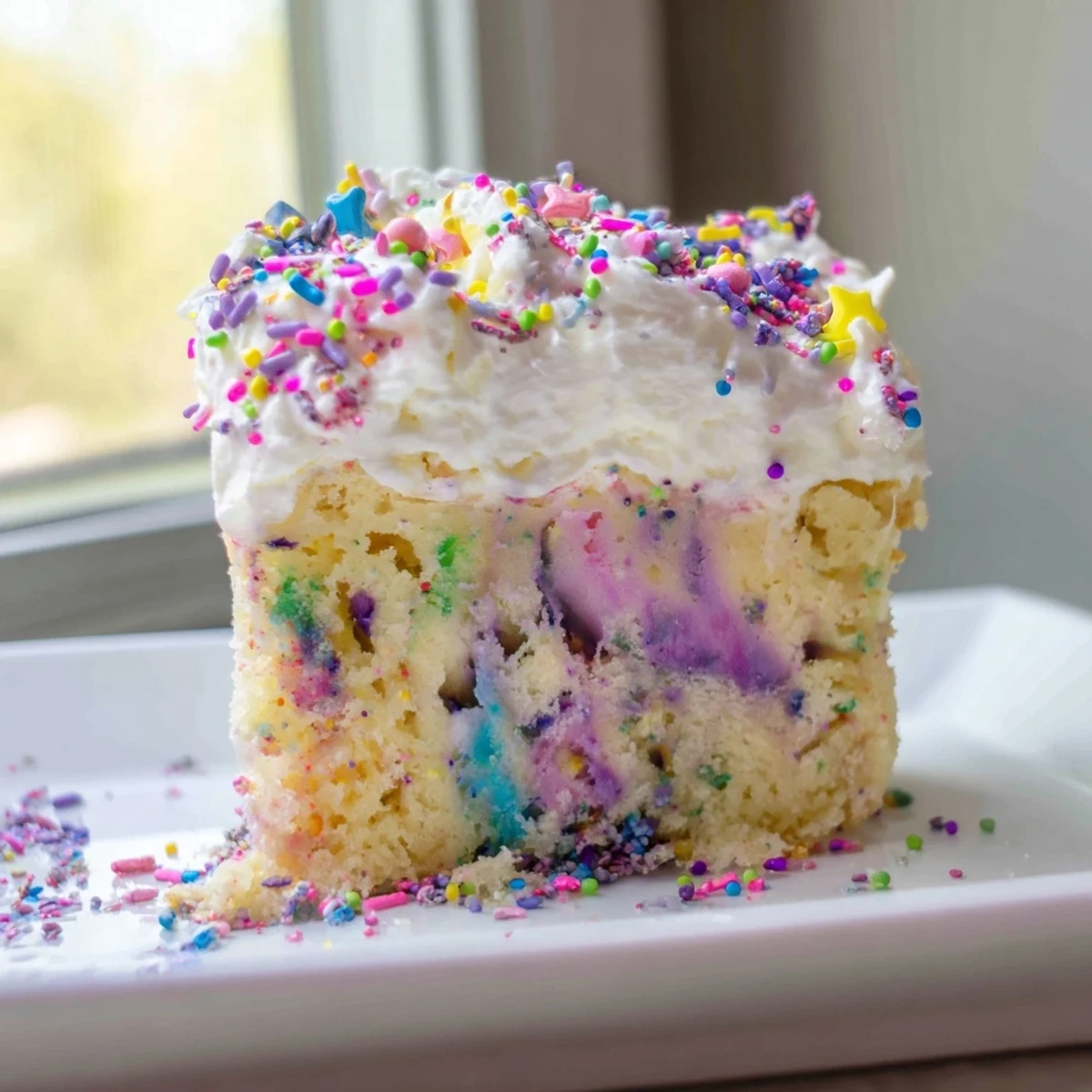 Pastel rainbow pudding fills every bite of this magical unicorn poke cake masterpiece