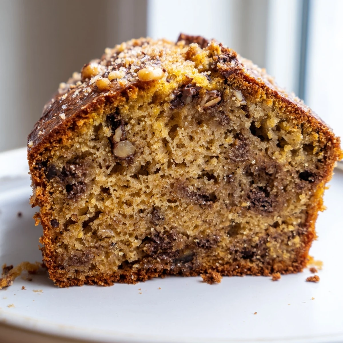 Golden slice of super moist banana bread topped with chopped walnuts on rustic parchment