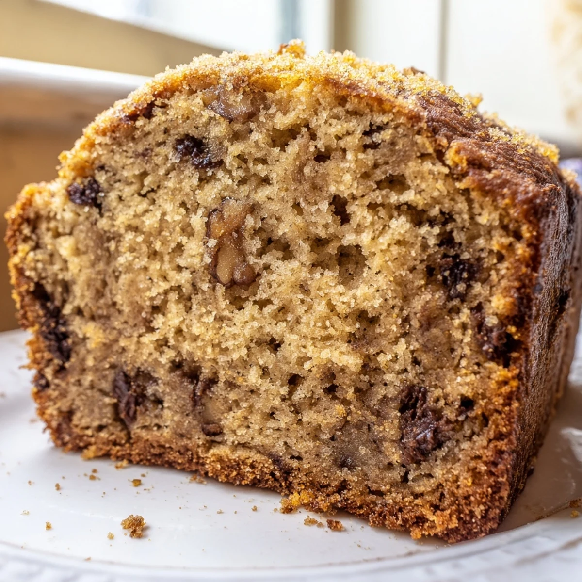 Thick slice of super moist banana bread served alongside ripe bananas and melting butter