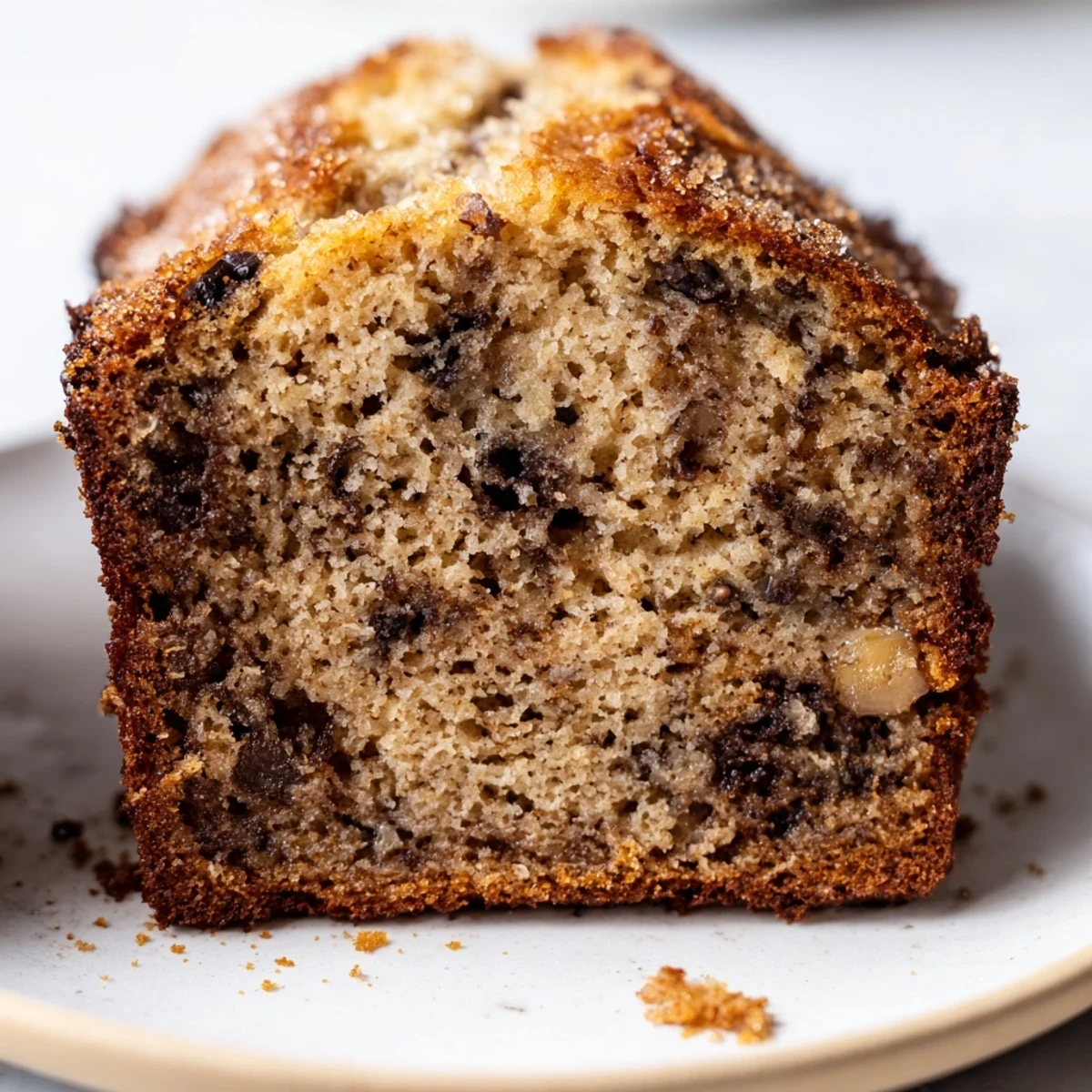Warm super moist banana bread loaf fresh from the oven with cracked top surface