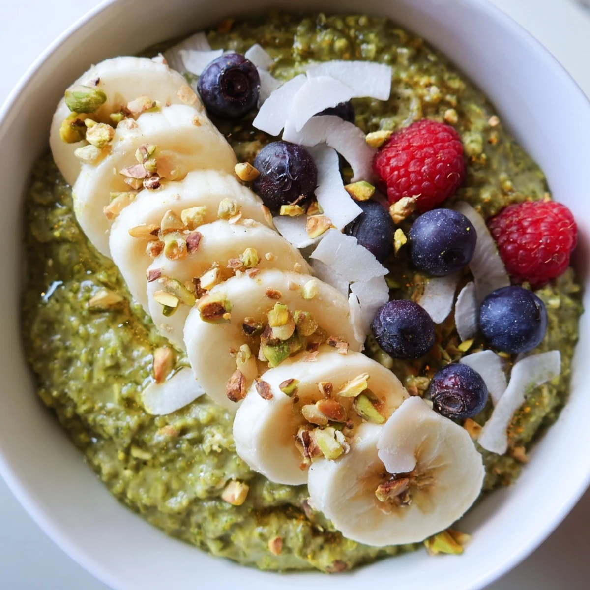 Creamy matcha overnight oats in a glass jar swirled with honey and sliced banana