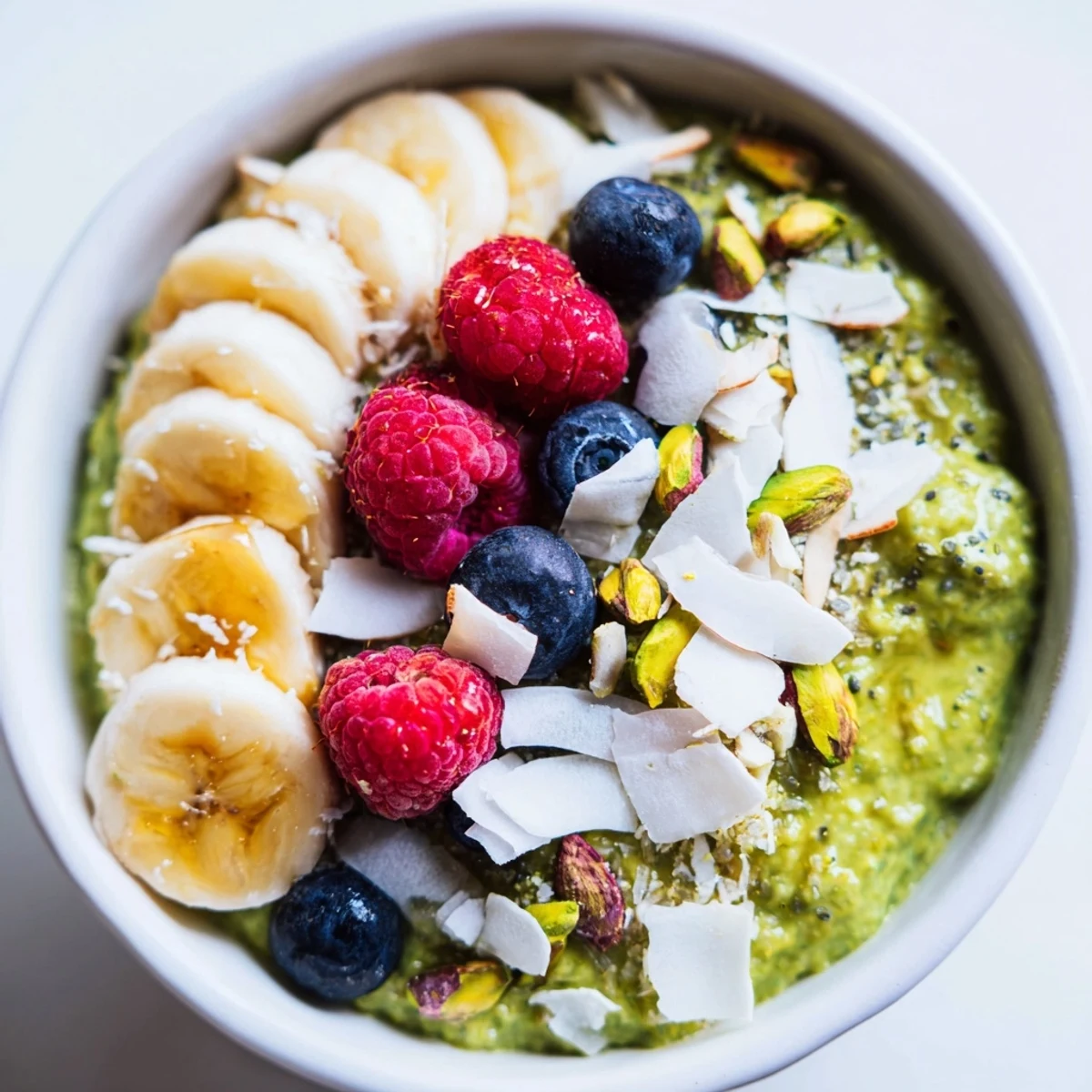 A jar of vibrant green matcha overnight oats topped with fresh berries and coconut flakes
