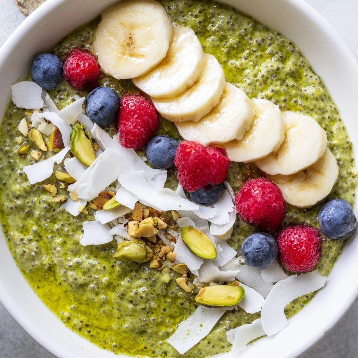 Bright green matcha overnight oats layered with crunchy pistachios and juicy ripe strawberries