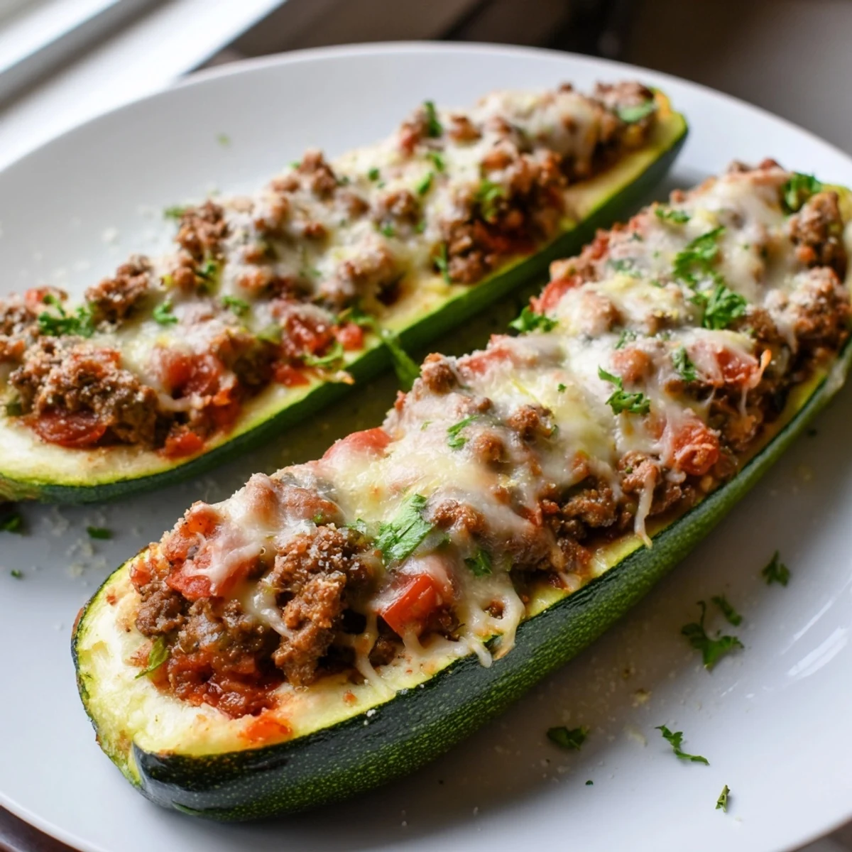 Golden cheesy stuffed zucchini boats with ground beef fresh from the oven