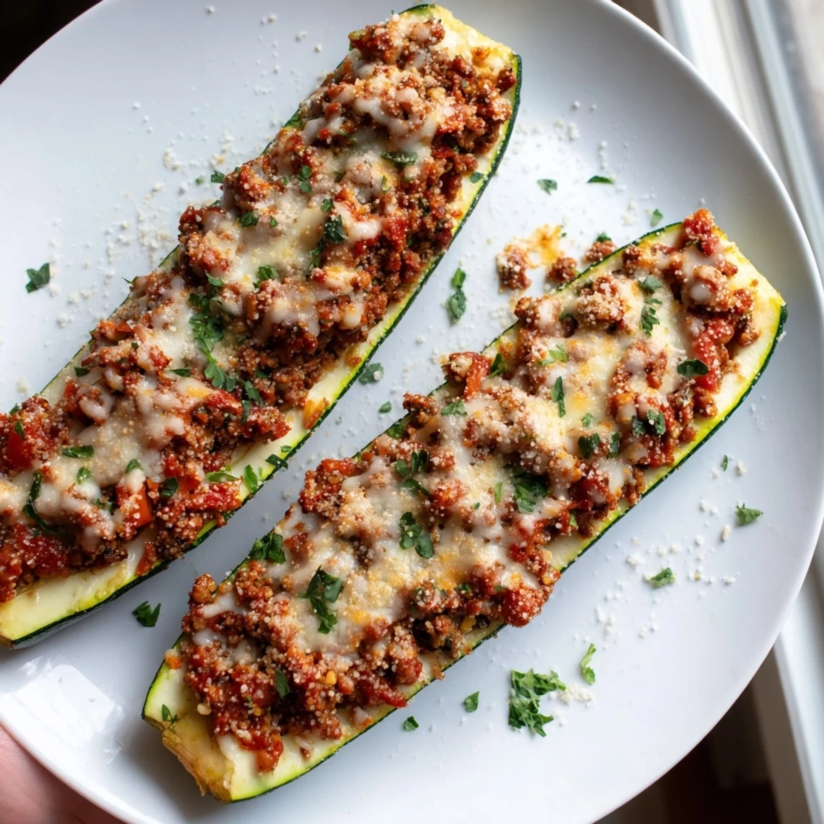 Hearty stuffed zucchini boats with ground beef topped with bubbly melted mozzarella