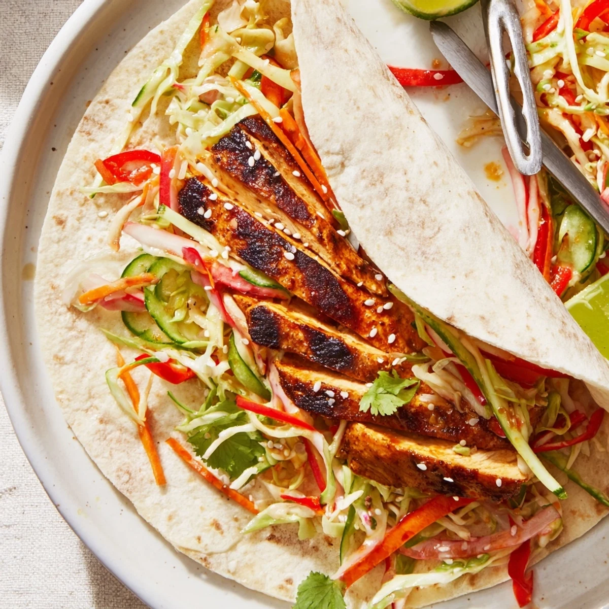 Golden sliced chicken nestled in a warm tortilla with colorful Thai chicken wraps with crunchy Asian slaw piled high