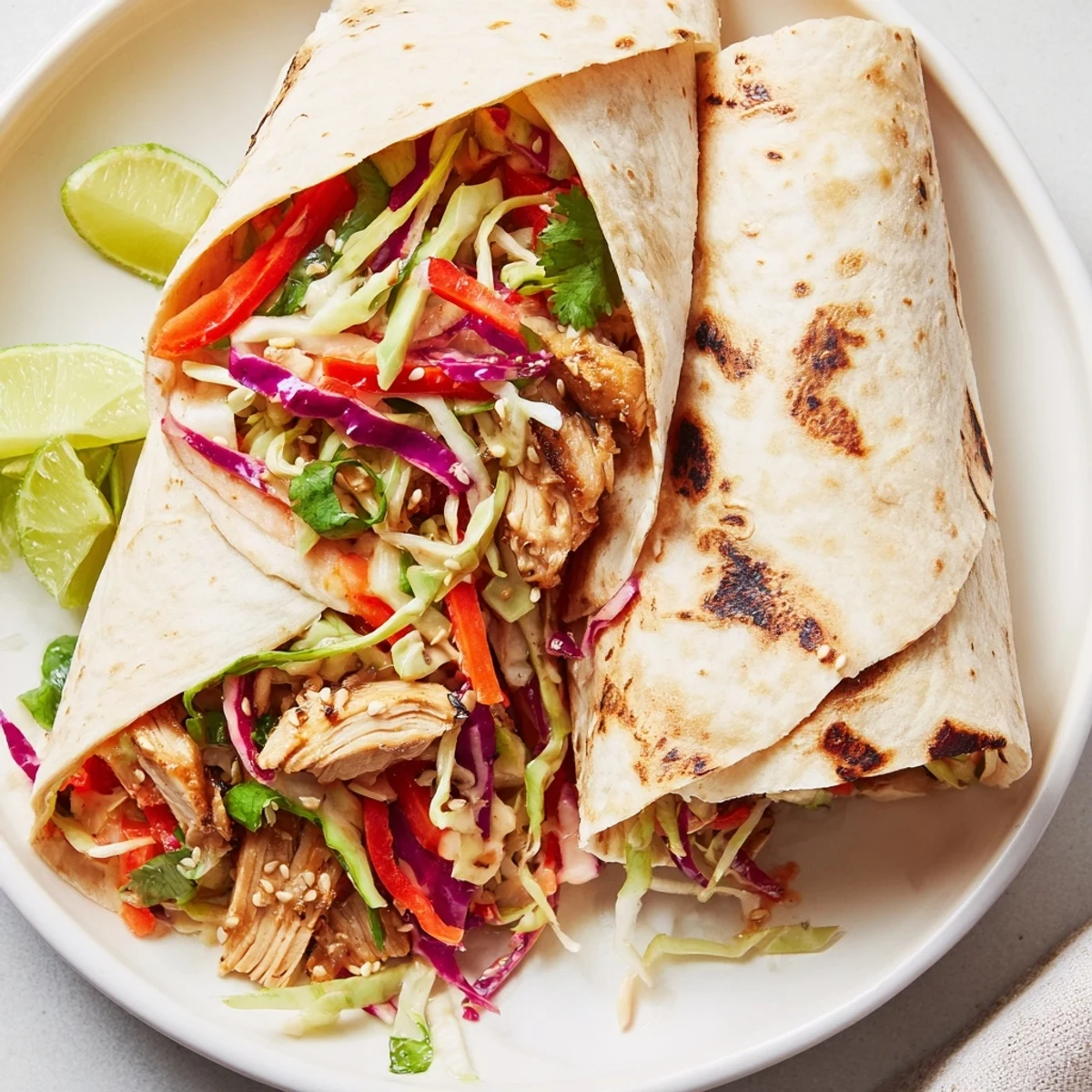 Juicy grilled chicken strips folded into soft flour tortillas alongside crisp Thai chicken wraps with crunchy Asian slaw for a quick weeknight dinner