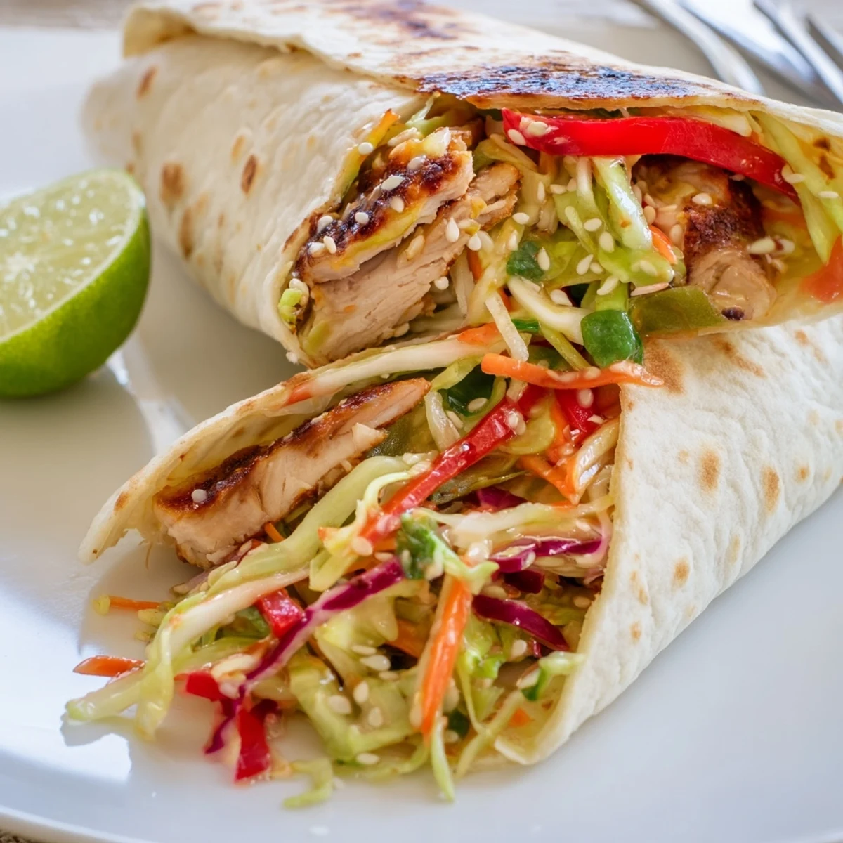 Tender marinated chicken and vibrant purple cabbage peeking from Thai chicken wraps with crunchy Asian slaw served with lime wedges