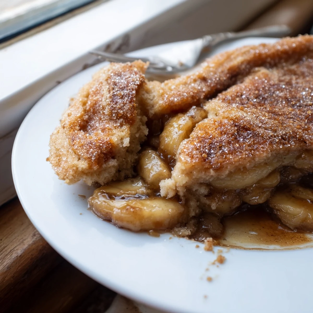 Warm Southern banana cobbler served in a dish with melting vanilla ice cream