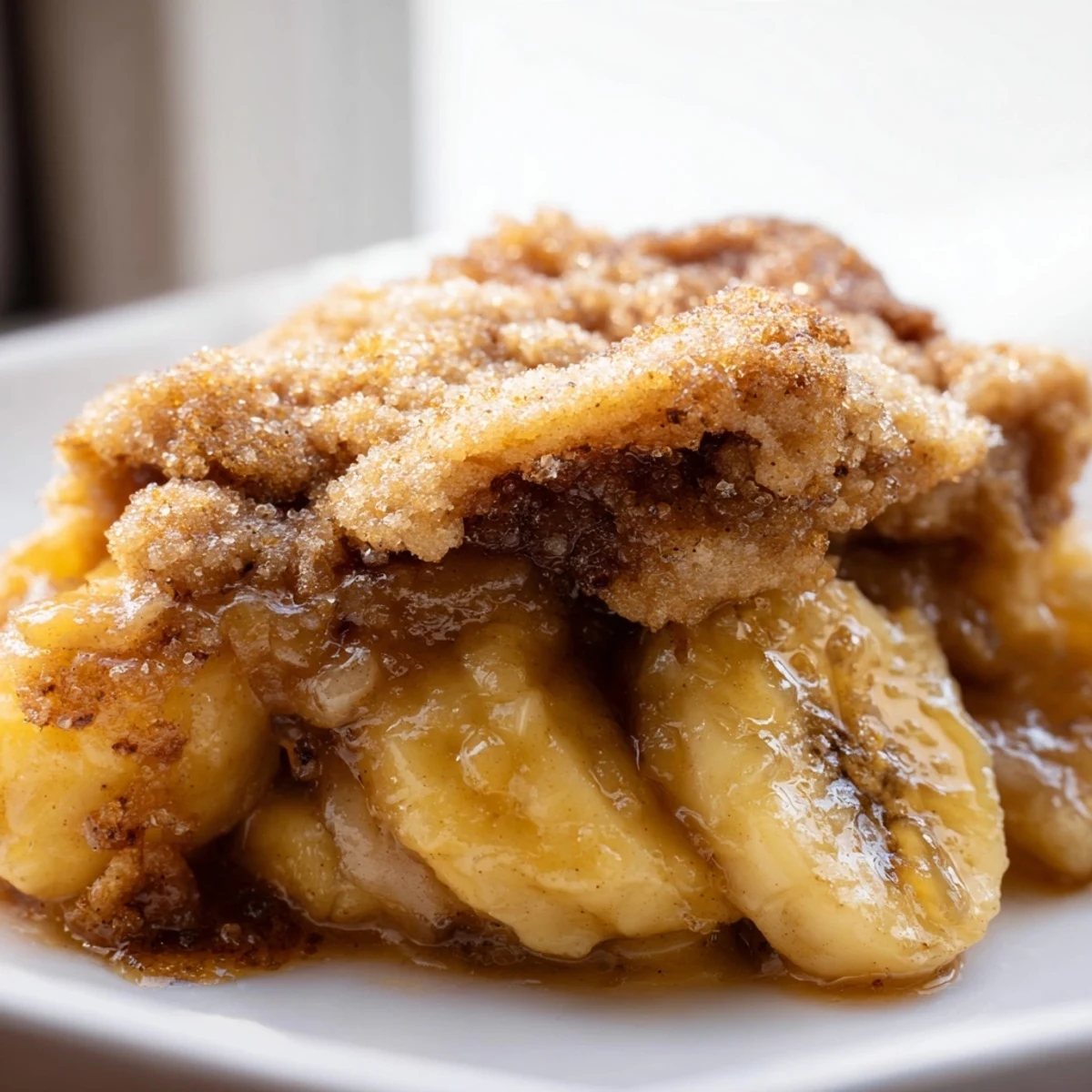 Southern banana cobbler fresh from the oven with a golden crunchy sugar topping