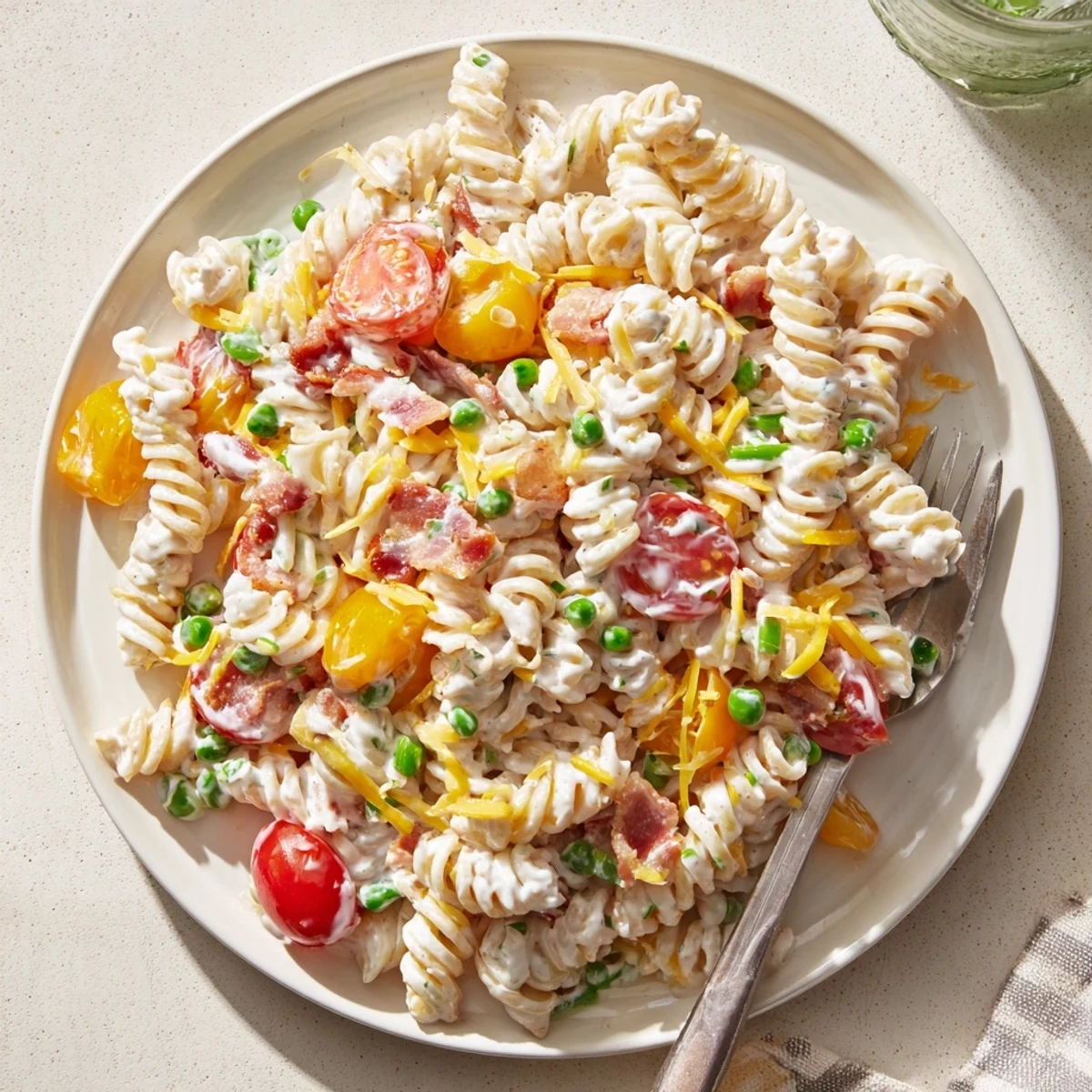 Colorful rotini pasta salad tossed in creamy ranch dressing with cherry tomatoes and crunchy peppers