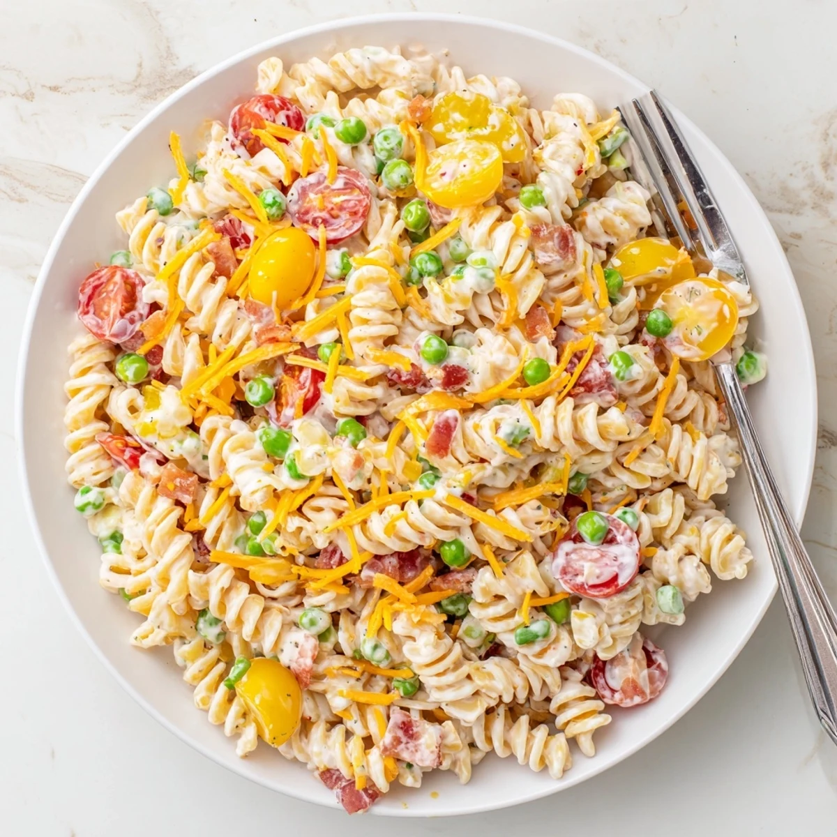 A bowl of addictive crack pasta salad topped with crispy bacon bits and shredded cheddar