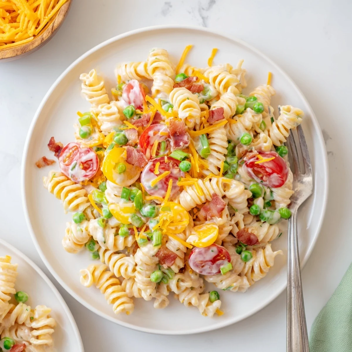 Heaping serving of addictive crack pasta salad chilled and garnished with sliced green onions
