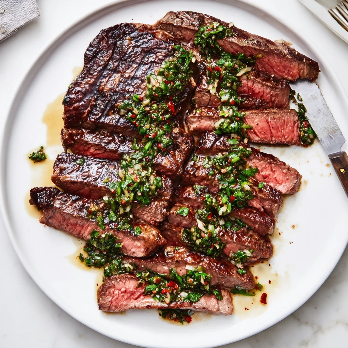 Juicy grilled Chimichurri Steak Recipe topped with vibrant parsley-garlic sauce