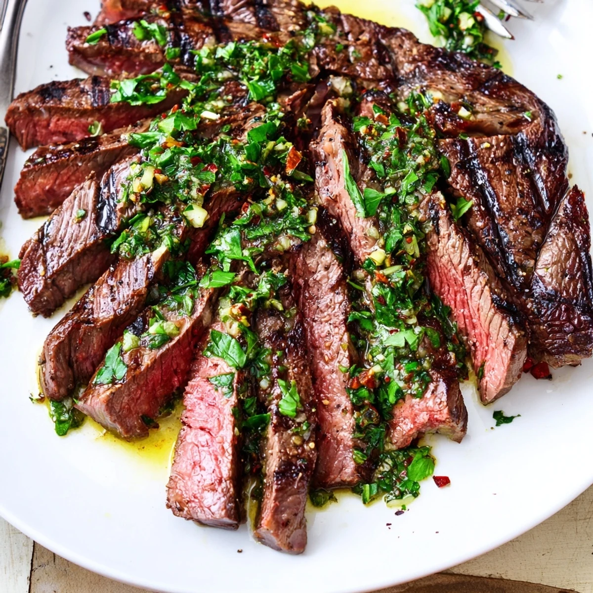 Chimichurri Steak Recipe sliced on platter, smoky char marks and herb drizzle
