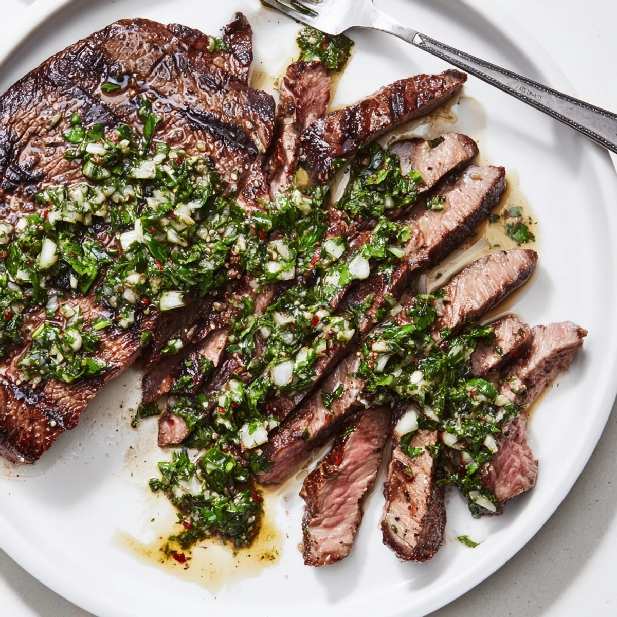 Serve this Chimichurri Steak Recipe with roasted potatoes and lemon wedges