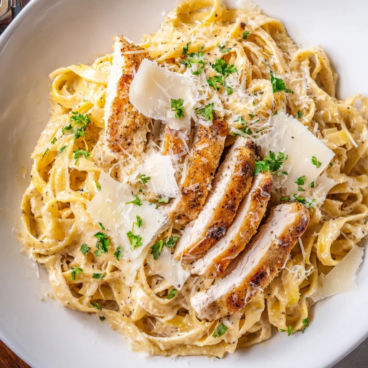 A steaming bowl of Creamy Garlic Chicken Pasta, garlicky cream clinging to fettuccine