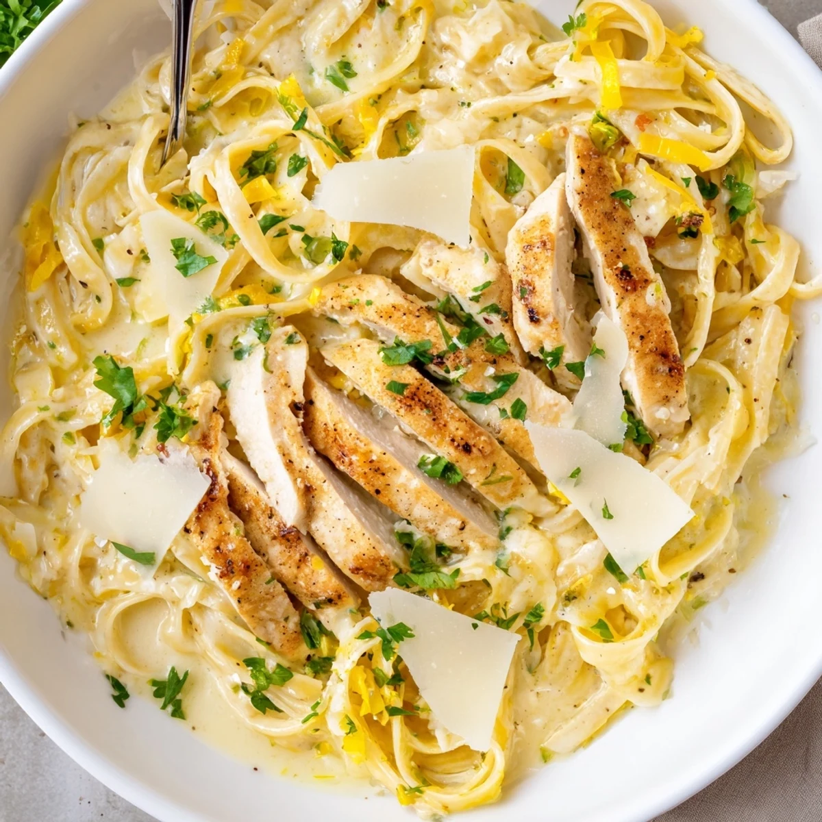 Serve Creamy Garlic Chicken Pasta warm, velvety sauce and Parmesan garnish