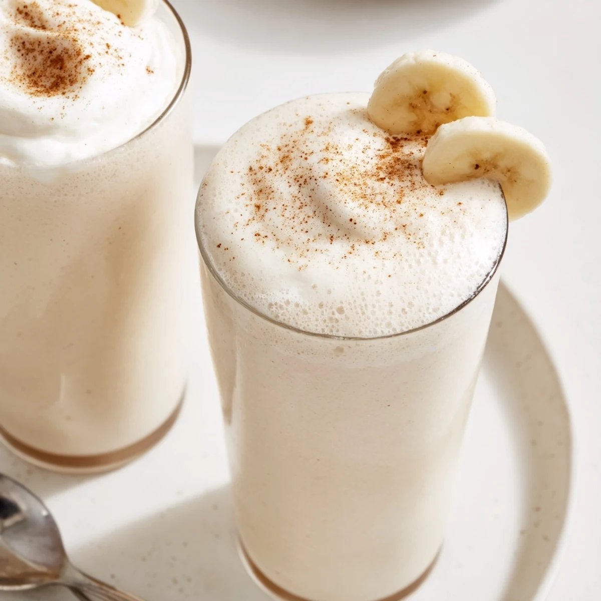 Creamy Vanilla Banana Shake in chilled glass, frothy top and banana slice