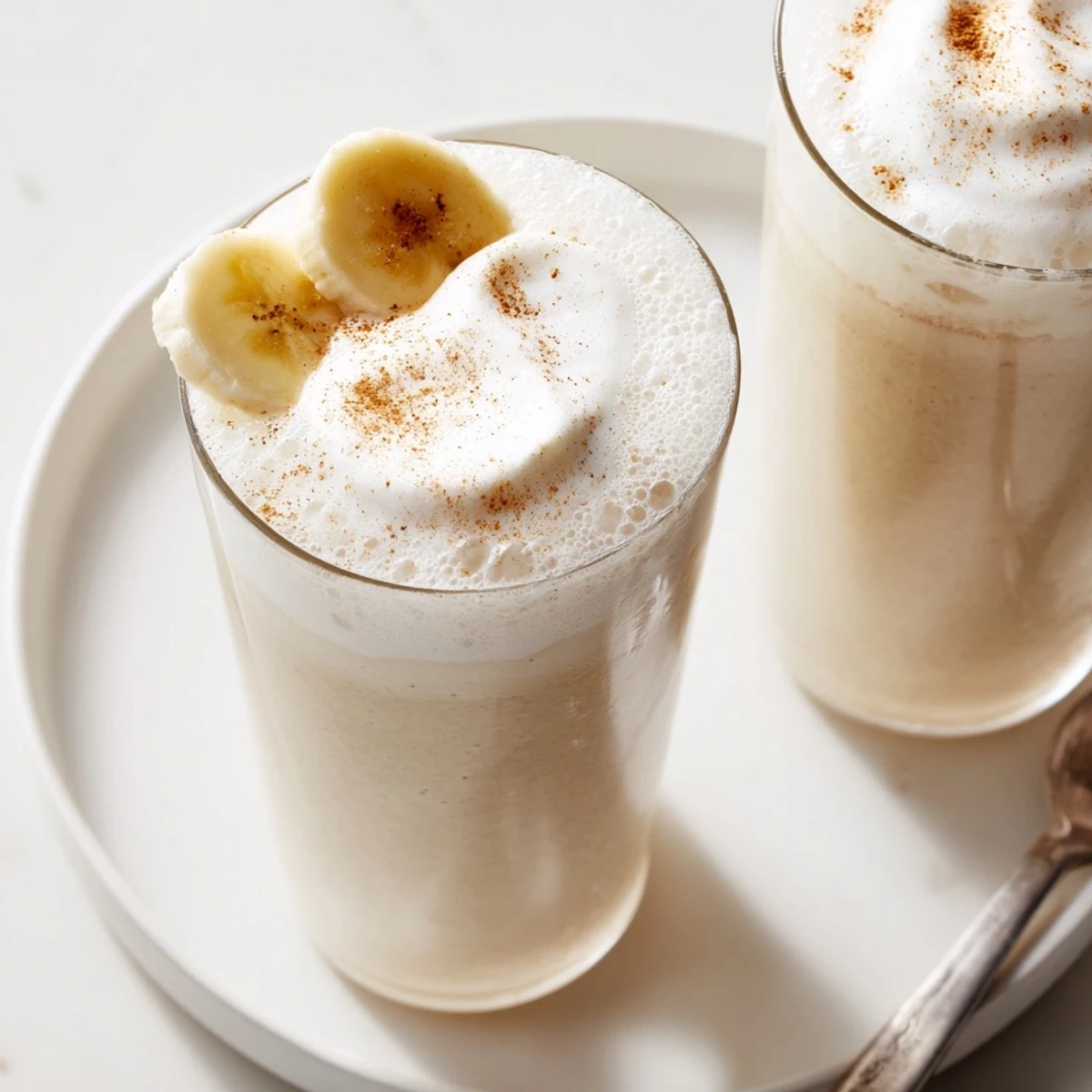 Frosty Vanilla Banana Shake blended with maple syrup, served for breakfast