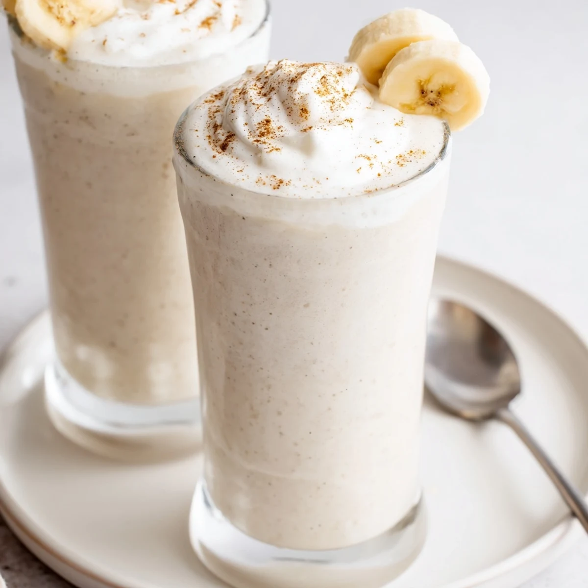 Silky Vanilla Banana Shake poured over ice, topped with cinnamon sprinkle