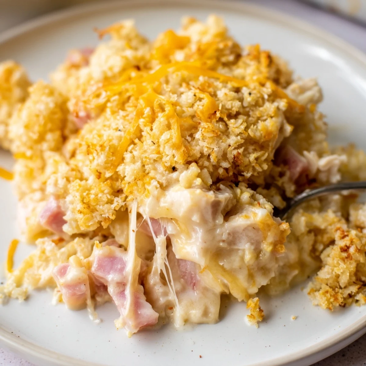 Creamy golden brown Chicken Cordon Bleu Casserole Recipe with bubbling Swiss cheese