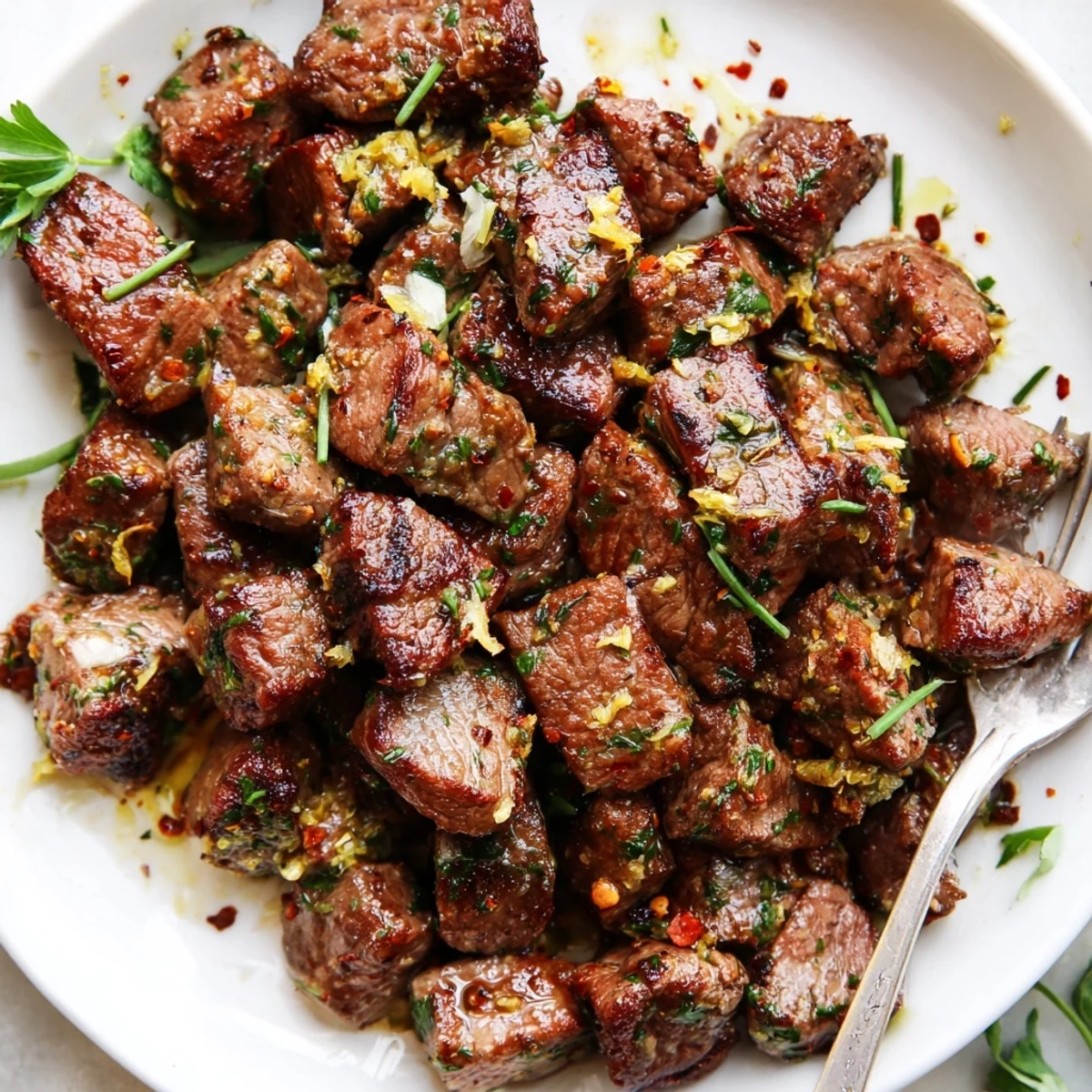 Cast-iron skillet Cowboy Butter Steak Bites tossed in zesty lemon butter sauce