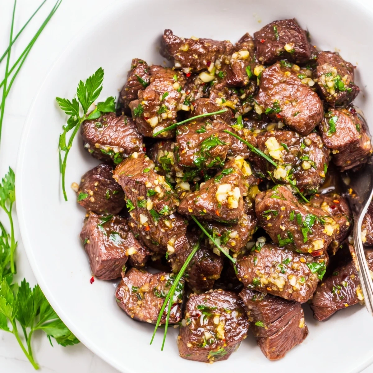 Juicy Cowboy Butter Steak Bites garnished with fresh parsley, served with potatoes