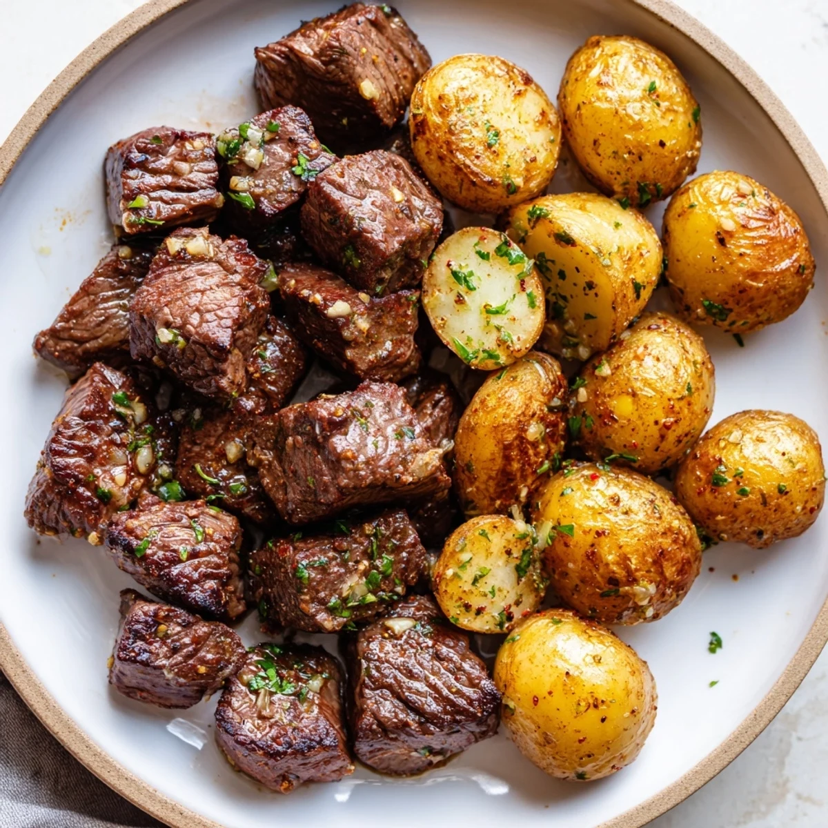 Family-style Garlic Steak Bites and Potatoes Recipe tossed in buttery garlic sauce