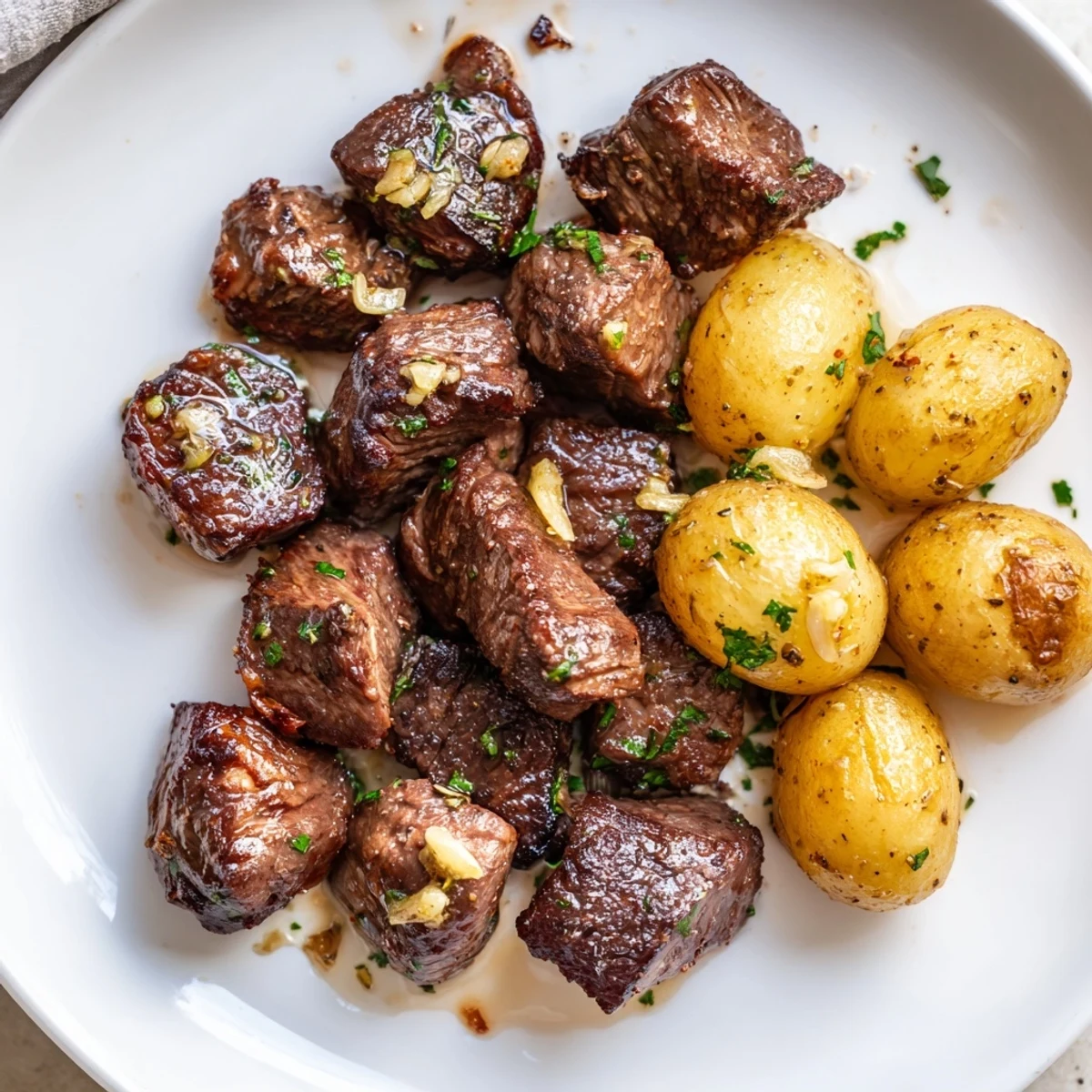 Skillet of Garlic Steak Bites and Potatoes Recipe glistening in garlic butter