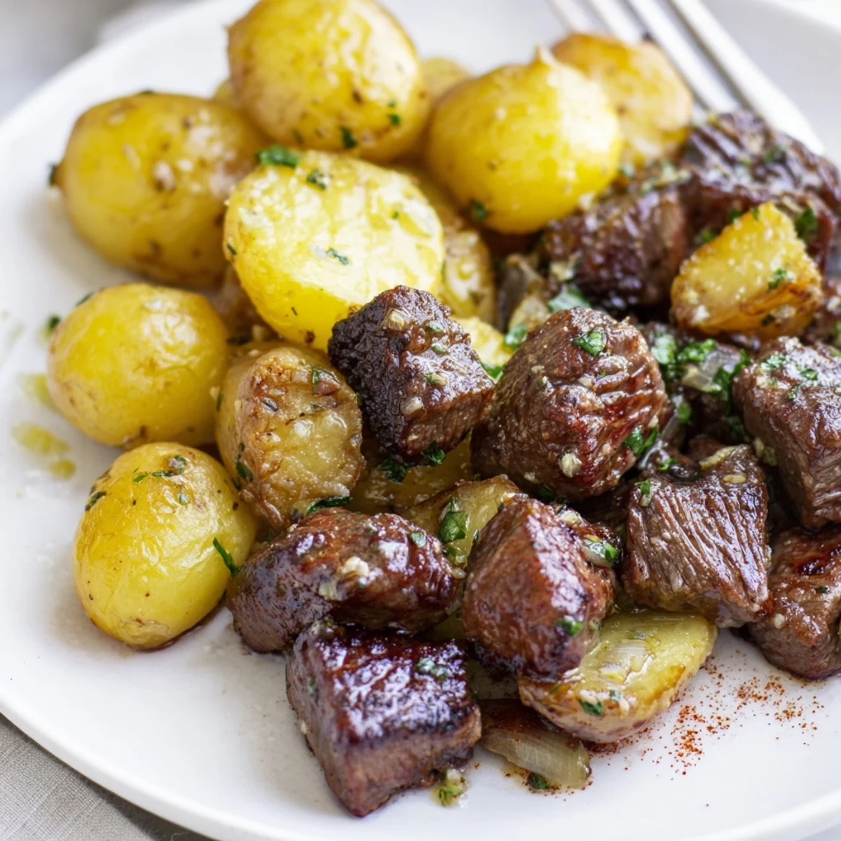 Hearty Garlic Steak Bites and Potatoes Recipe served with lemon wedge for brightness