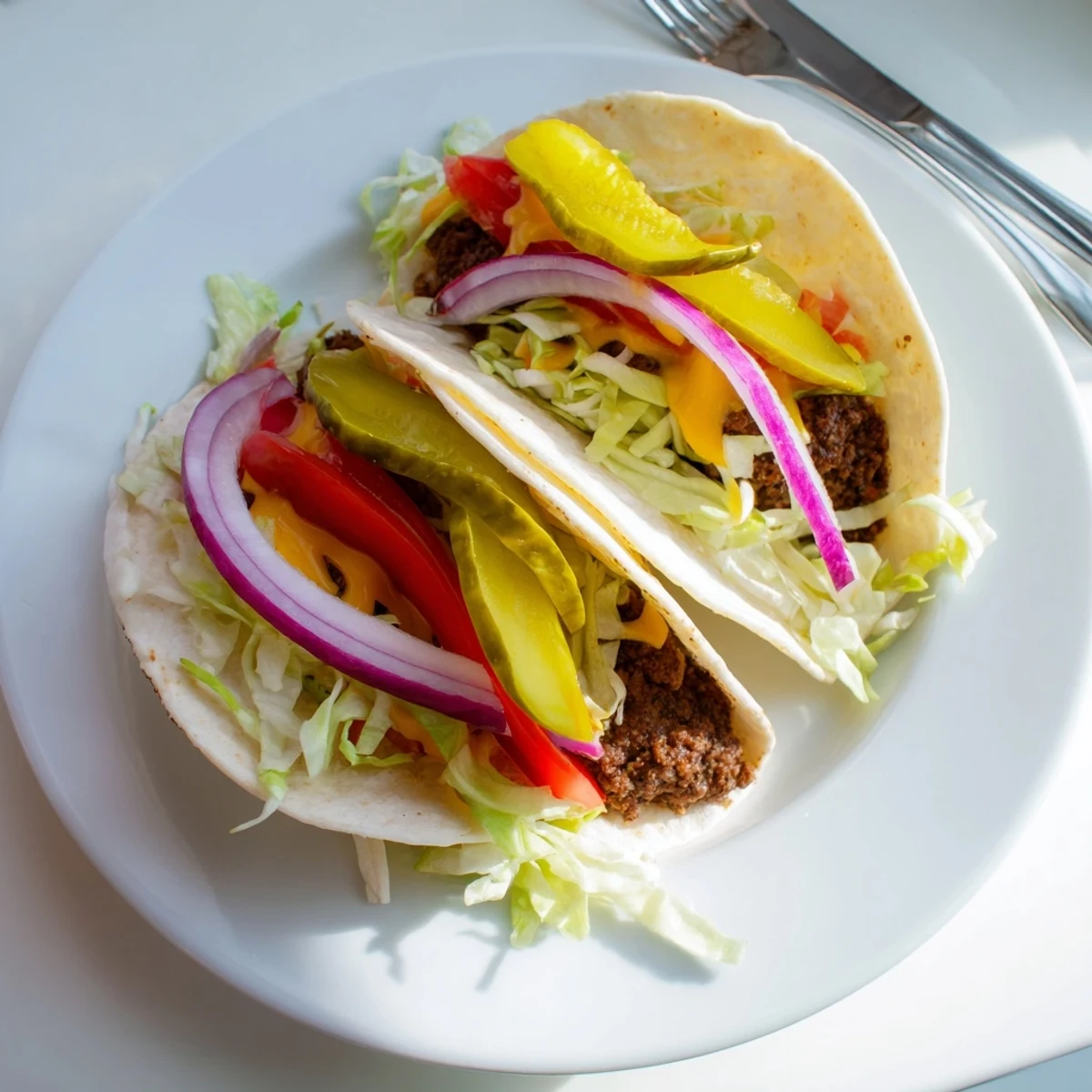 Smash Burger Tacos recipe with crispy browned beef, melted cheddar, fresh toppings.
