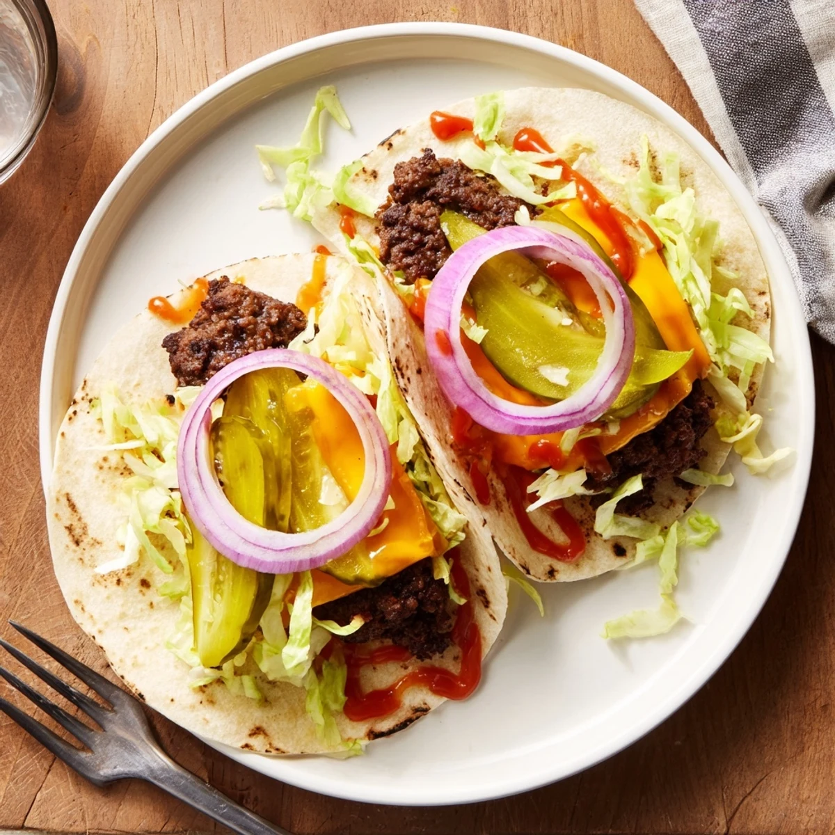 Griddled Smash Burger Tacos piled with shredded lettuce, tomato, tangy burger sauce.