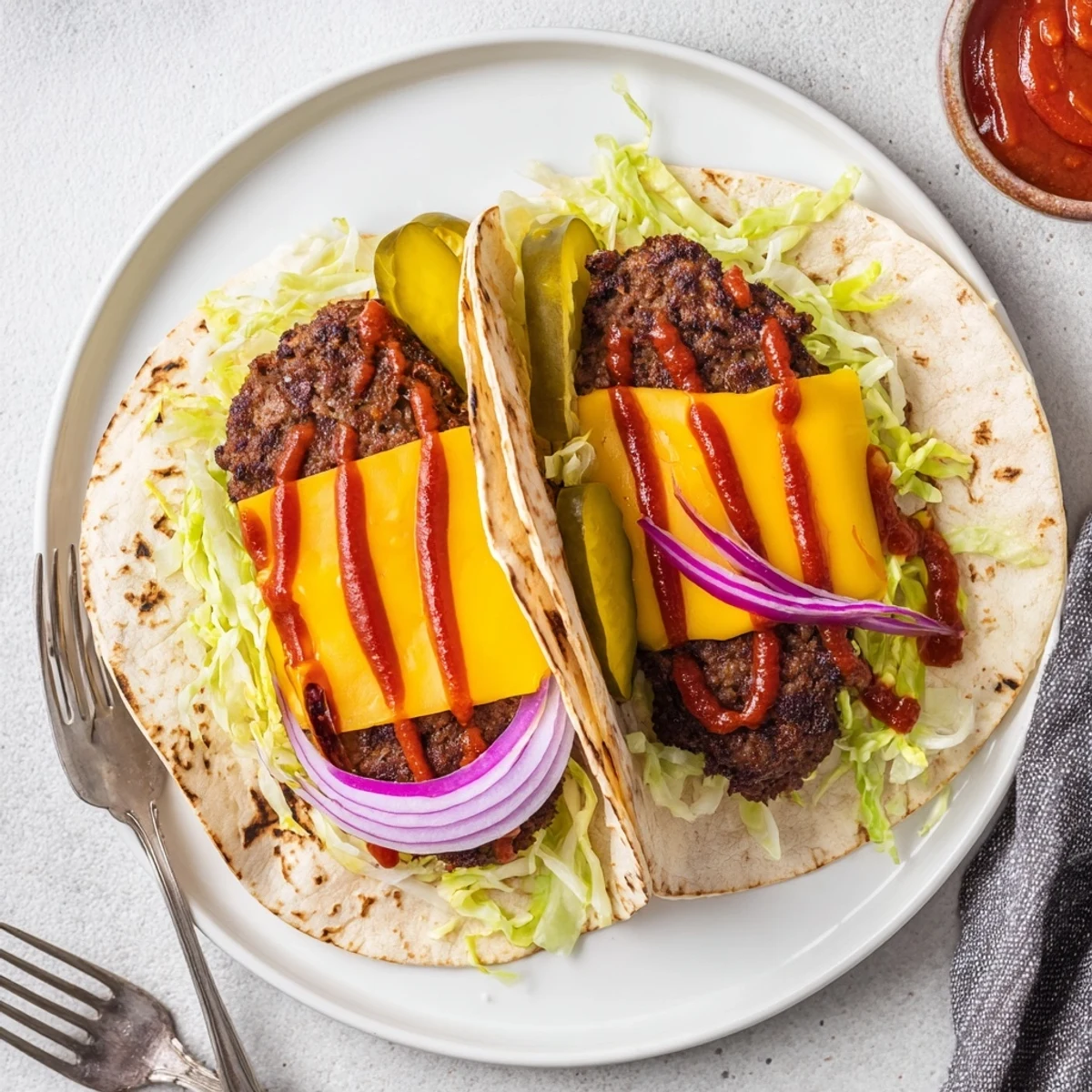 Weeknight Smash Burger Tacos served warm on toasted flour tortillas, pickles.