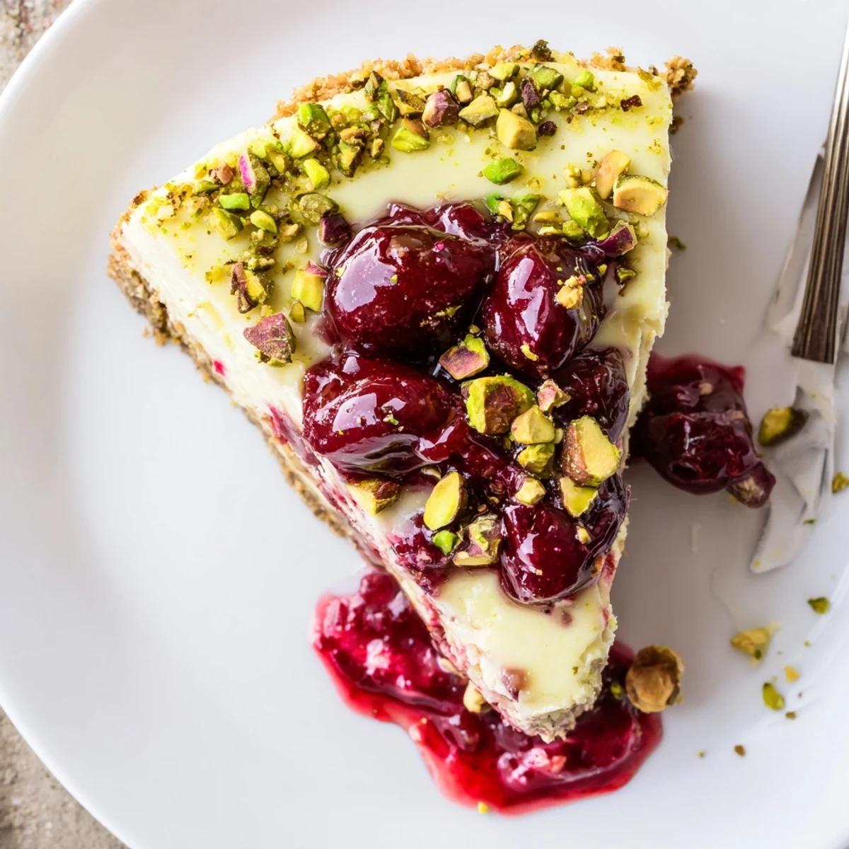 Lemon Lime Cherry Pistachio Cheesecake gleaming with glossy cherry topping and crunchy pistachios.