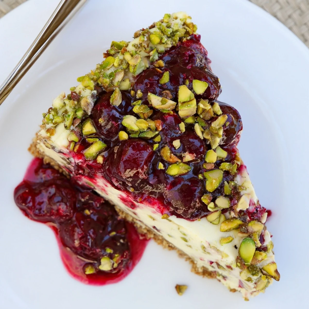 Slice of Lemon Lime Cherry Pistachio Cheesecake chilled, zesty citrus tang and creamy texture.