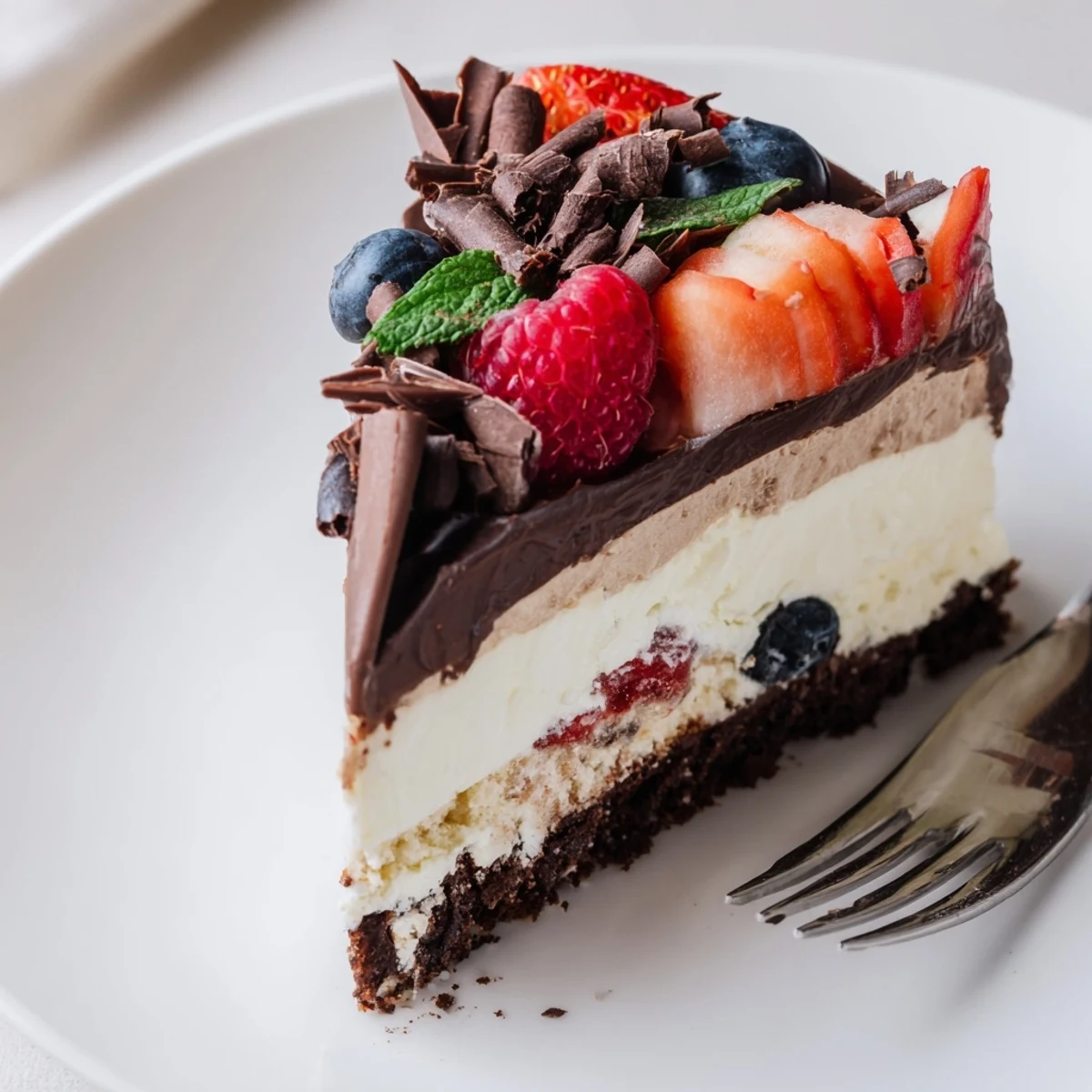 The Ultimate Dessert Recipe layered with glossy ganache, vanilla cream, and berries.