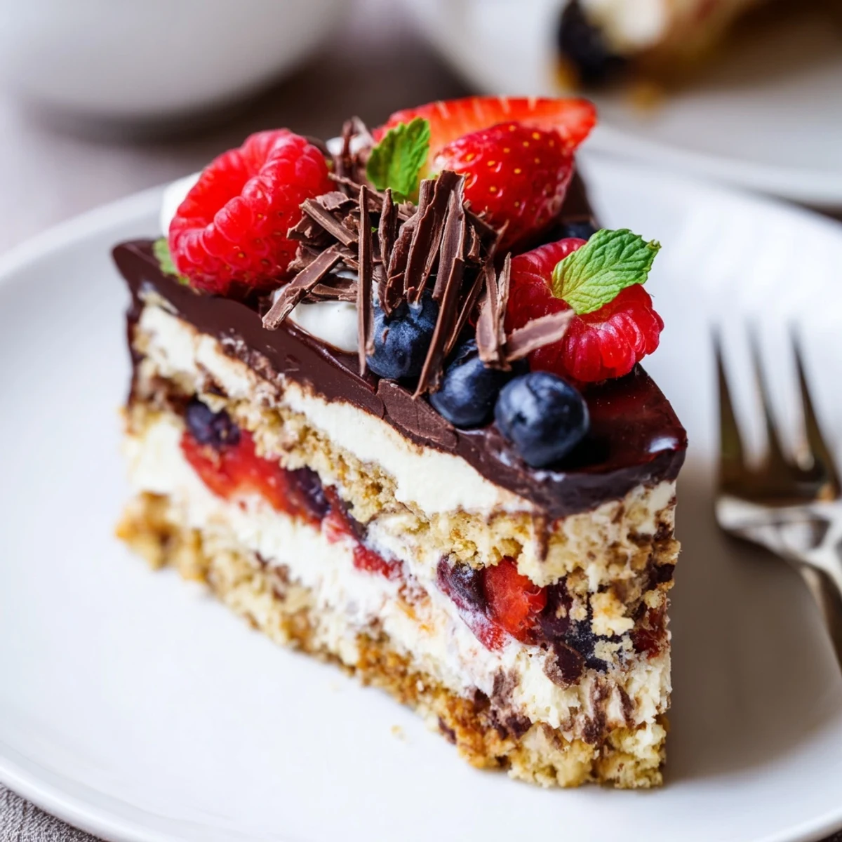 Slice of The Ultimate Dessert Recipe on plate, chocolate shavings and mint.